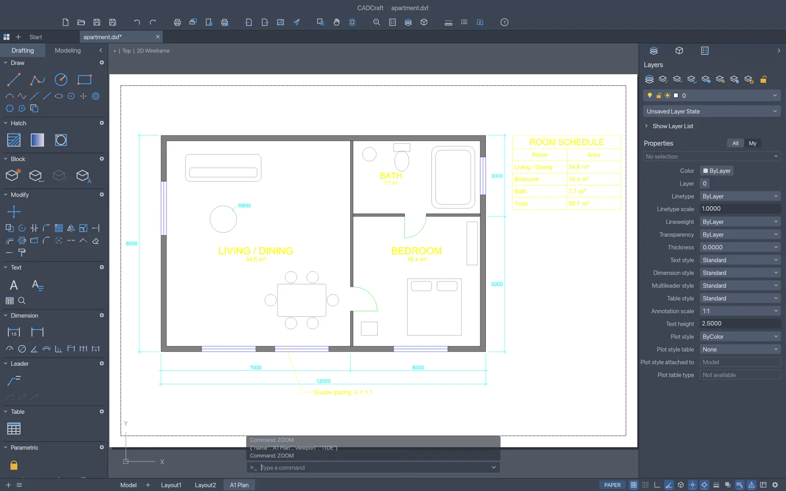 Paper-space layout in CADCraft with a scaled viewport of the apartment plan