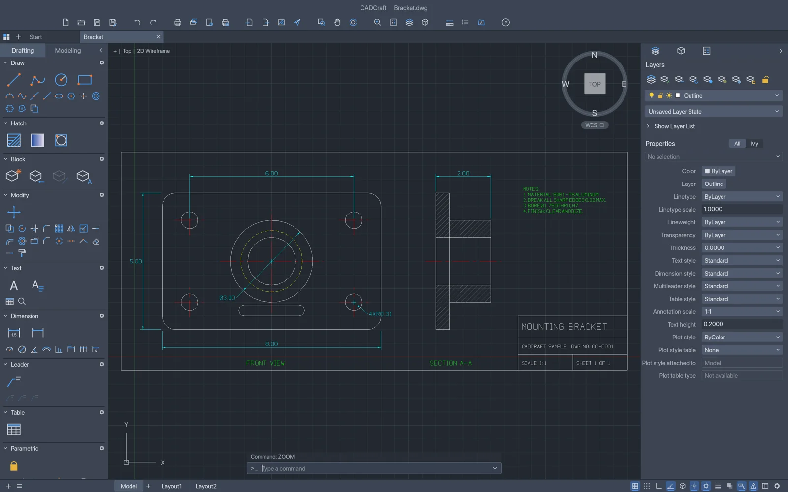 Mounting bracket drawing in CADCraft with front view, section view, hatch and title block